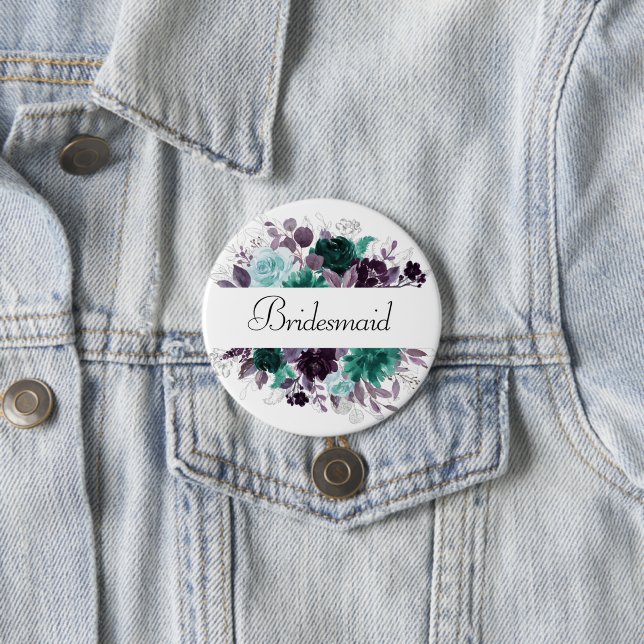 Moody Boho | Teal and Purple Floral Bridal Party 7.5 Cm Round Badge (In Situ)