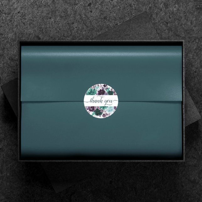 Moody Boho | Teal and Purple Rose Floral Thank You Classic Round Sticker (Creator Uploaded)