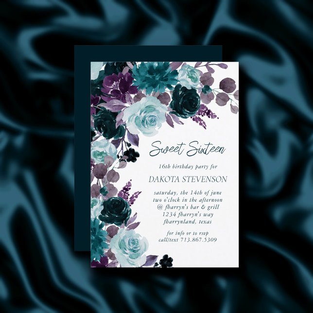 Moody Boho | Teal and Purple Roses Sweet Sixteen Invitation (Creator Uploaded)