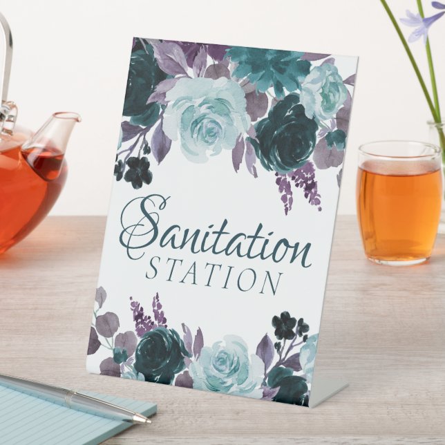 Moody Boho | Teal and Purple Sanitation Station Pedestal Sign (In SItu)