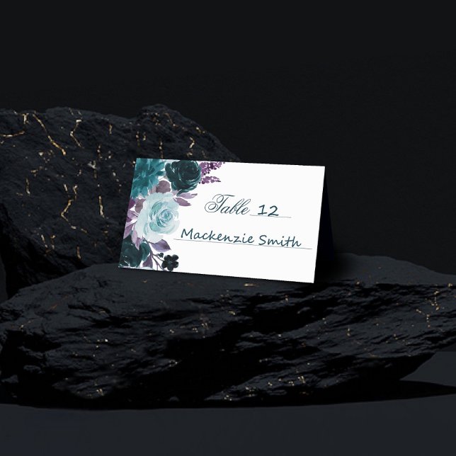 Moody Boho | Teal and Turquoise Dark Floral  Place Card (Creator Uploaded)