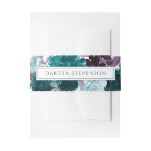 Moody Boho   Teal and Turquoise Floral Garland Invitation Belly Band
