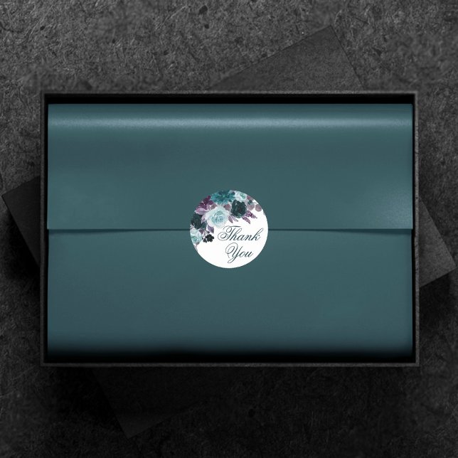 Moody Boho | Teal and Turquoise Floral Thank You Classic Round Sticker (Creator Uploaded)