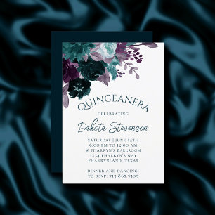 Moody Boho   Teal Dark Floral Bouquet Quinceanera Invitation