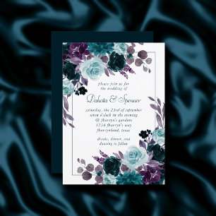 Moody Boho   Teal Dark Floral Silver Frame Wedding Invitation
