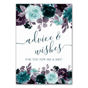 Moody Boho Teal Floral Garland Advice and Wishes Table Number