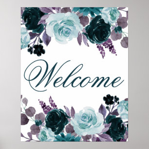 Moody Boho   Teal Floral Garland Party Welcome Poster