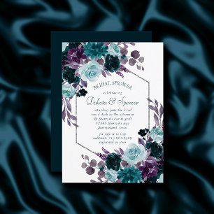 Moody Boho   Teal Floral Silver Frame Baby Shower Invitation