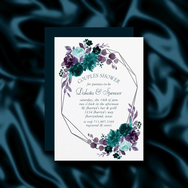 Moody Boho | Teal Floral Silver Frame Baby Shower Invitation (Creator Uploaded)