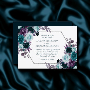 Moody Boho   Teal Floral Silver Frame Wedding Invitation