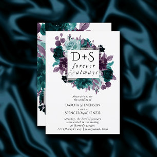 Moody Boho   Teal Floral Wreath Monogram Wedding Invitation