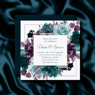 Moody Boho   Teal Square Floral Wreath Wedding Invitation