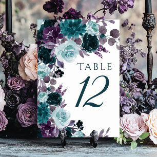 Moody Boho Teal Turquoise and Purple Floral Table Number