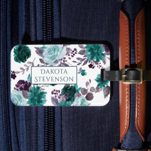 Moody Boho   Teal Turquoise Dark Floral Pattern Luggage Tag