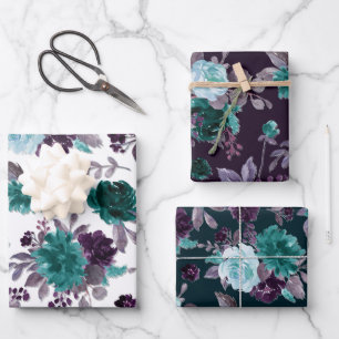 Moody Boho   Teal Turquoise Dark Floral Pattern Wrapping Paper Sheet