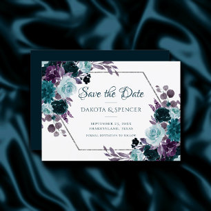 Moody Boho   Teal Turquoise Dark Floral Wedding Save The Date