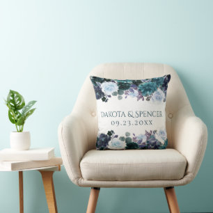 Moody Boho Teal Turquoise Floral Garland Wedding Cushion