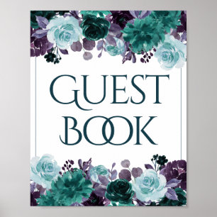 Moody Boho   Teal Turquoise Floral Guestbook Sign