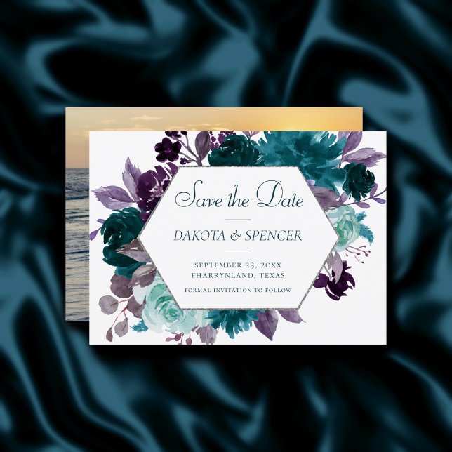 Moody Boho | Teal Turquoise Purple Bouquet Frame Save The Date (Creator Uploaded)