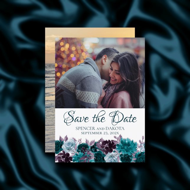 Moody Boho | Teal Turquoise Purple Floral 2 Photo Save The Date (Creator Uploaded)
