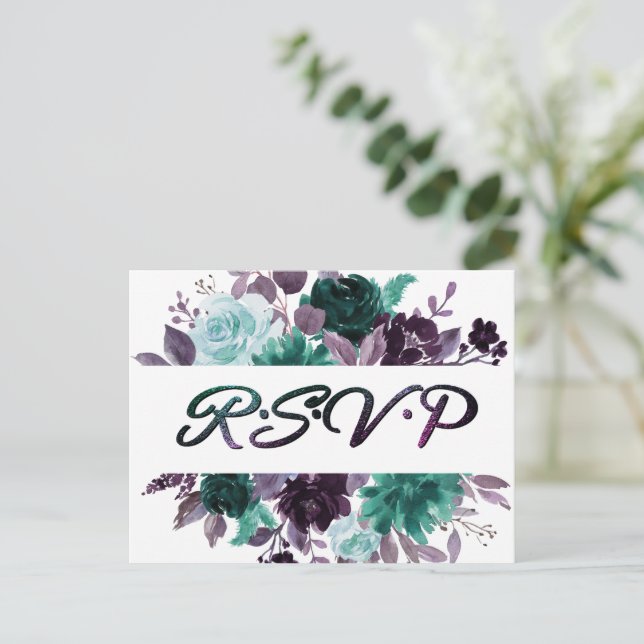 Moody Boho | Teal Turquoise Silver Frame RSVP Postcard (Standing Front)