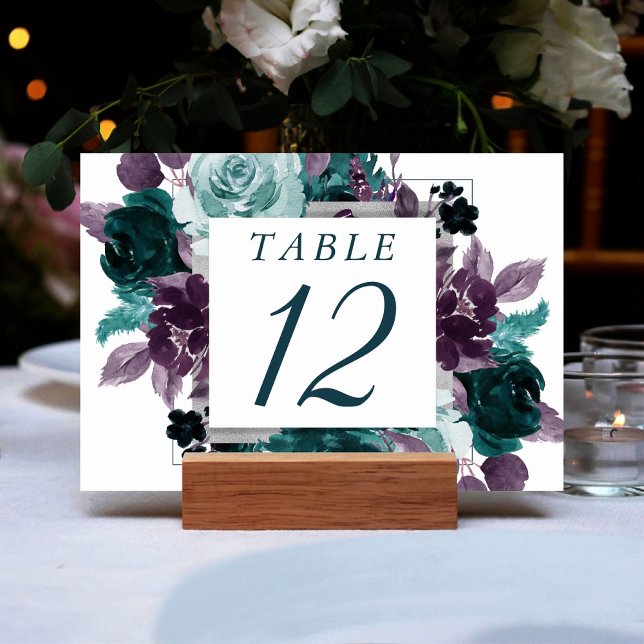 Moody Boho | Teal Turquoise Square Floral Wreath Table Number (Creator Uploaded)
