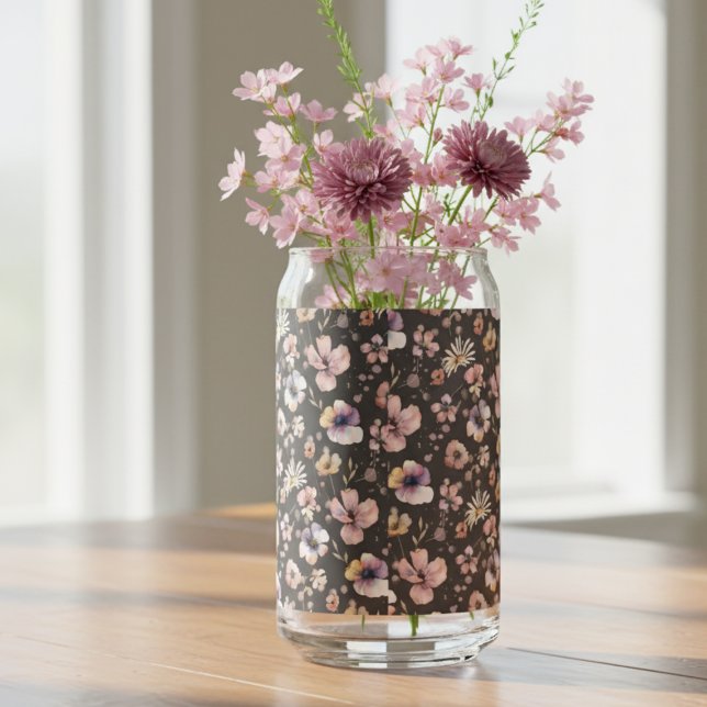 Moody Boho Watercolor Blush Wildflowers Pattern  Can Glass (Creator Uploaded)