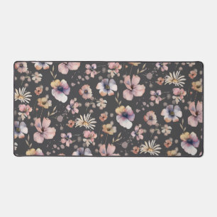 Moody Boho Watercolor Blush Wildflowers Pattern Desk Mat