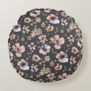 Moody Boho Watercolor Blush Wildflowers Pattern Round Cushion