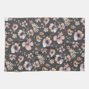 Moody Boho Watercolor Blush Wildflowers Pattern  Tea Towel