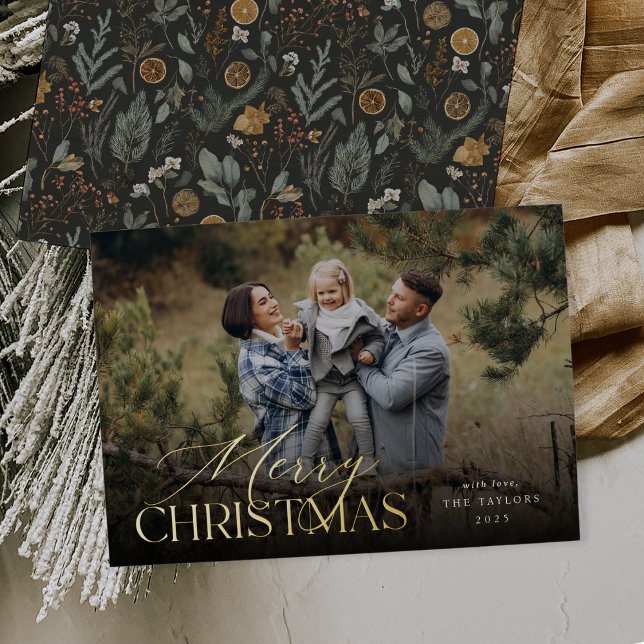 Moody Botanical Horizontal Photo Gold Foil Holiday Card (Creator Uploaded)