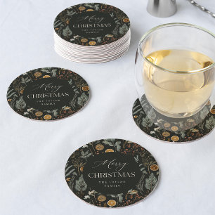 Moody Botanical Personalised Christmas Party Round Paper Coaster