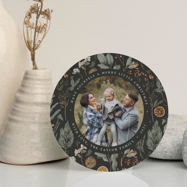 Moody Botanical Round Holiday Photo Card (Creator Uploaded)
