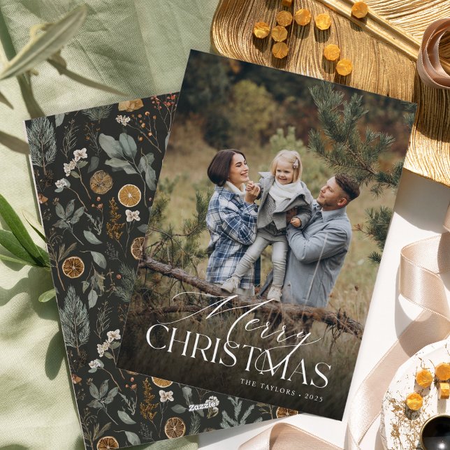 Moody Botanical Vertical Photo Holiday Card (Creator Uploaded)