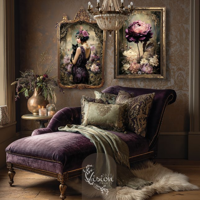 Moody Boudoir Portrait Cat & Peony Wall Art Set (Moody Boudoir Gatsby Flapper, Vintage Cat and Peony Floral, Matching Wall Art Set)