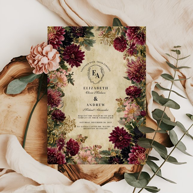 Moody Burgundy and Antique Gold Elegance Invitation (Creator Uploaded)