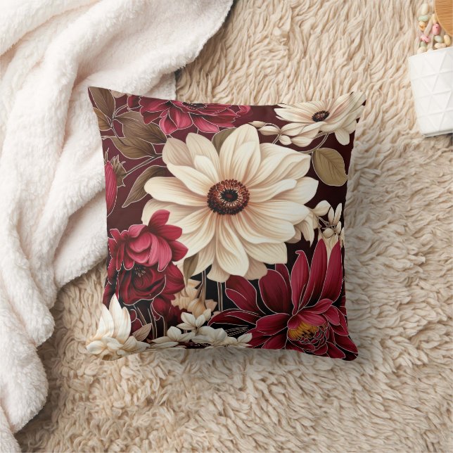 Moody Burgundy and Cream Florals Cushion (Blanket)