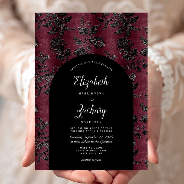 Moody Burgundy Black Damask Arch Dark Wedding Invitation (Creator Uploaded)