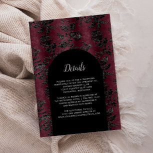Moody Burgundy Black Damask Arch Wedding Details Enclosure Card