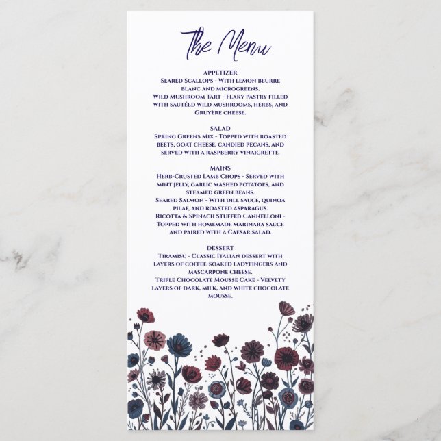 Moody Burgundy & Blue Floral Menu (Front)