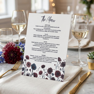 Moody Burgundy & Blue Floral Menu, Elegant Pedestal Sign