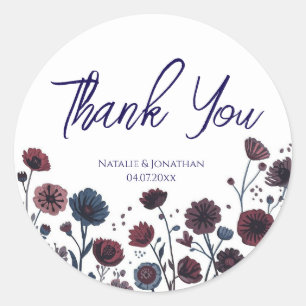 Moody Burgundy & Blue Floral Wedding  Classic Round Sticker