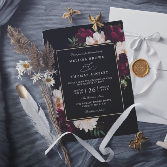 Moody Burgundy Blush Floral QR Code Wedding Invitation (Creator Uploaded)