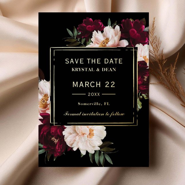 Moody Burgundy Blush Floral Wedding Save the Date (Creator Uploaded)