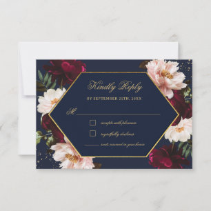 Moody Burgundy Blush Navy Floral Wedding RSVP Invitation