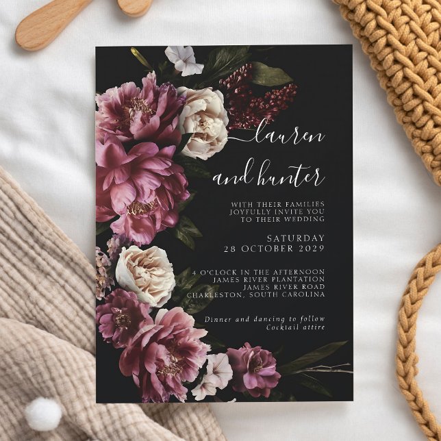 Moody Burgundy Blush Peony Script Wedding Invitation (Creator Uploaded)