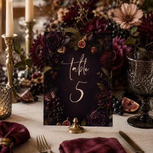 Moody Burgundy Botanical Floral Fig Wedding Table Number