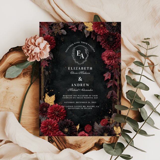 Moody Burgundy Dahlia Fall Wedding Invitation (Creator Uploaded)