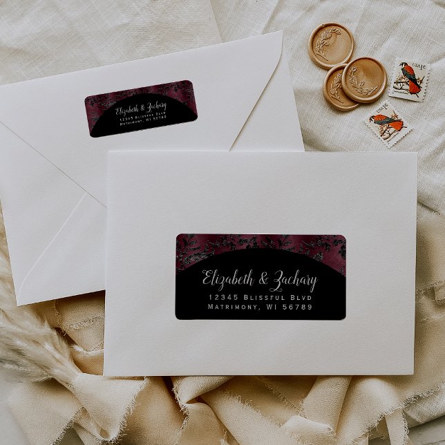 Moody Burgundy Damask Arch Wedding Return Address Label (Creator Uploaded)