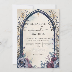 Moody Burgundy Floral Arch Botanical Wedding Invitation